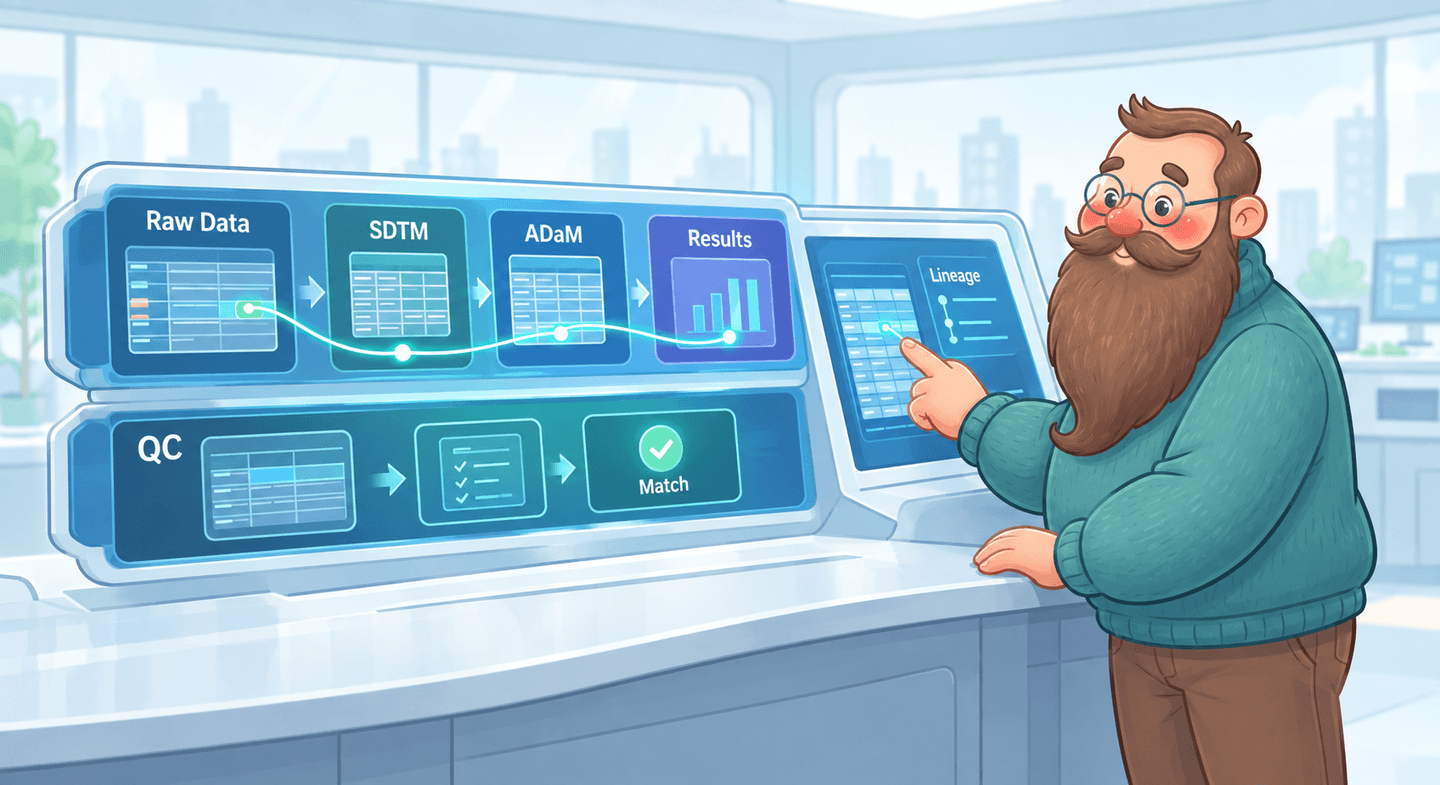 Illustration of the Clindaddy character at a console showing raw clinical data flowing through SDTM and ADaM to results, with a separate QC rail converging on a match and lineage traced back to source rows.