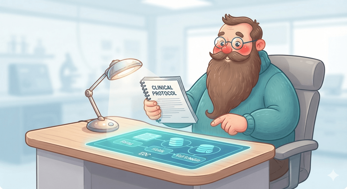 Illustration of a study builder reviewing a clinical protocol while generated visit, form, and field structure appears as a study design.