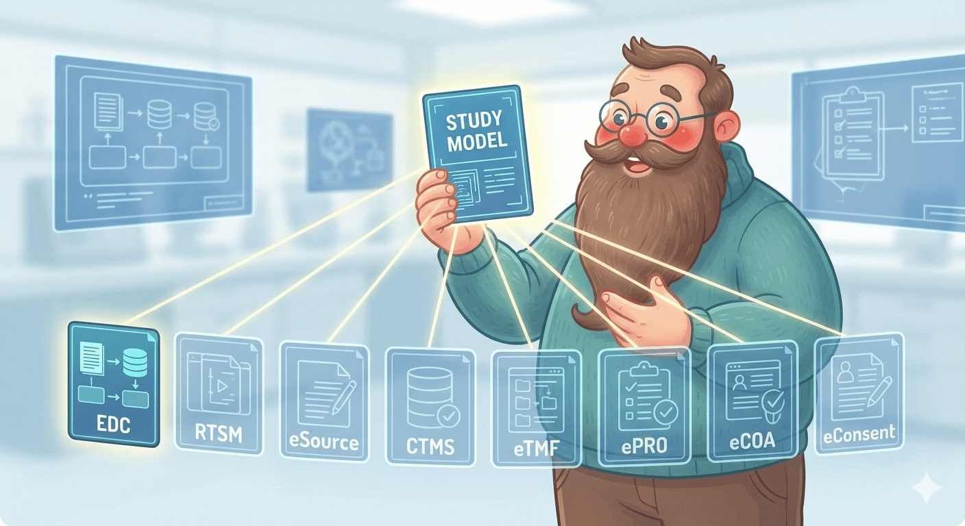 Illustration of the Clindaddy character holding up one glowing study model card, with light beams projecting from it into eight system panels labelled EDC, RTSM, eSource, CTMS, eTMF, ePRO, eCOA, and eConsent. Only the EDC panel is fully lit; the other seven are faint outlines.