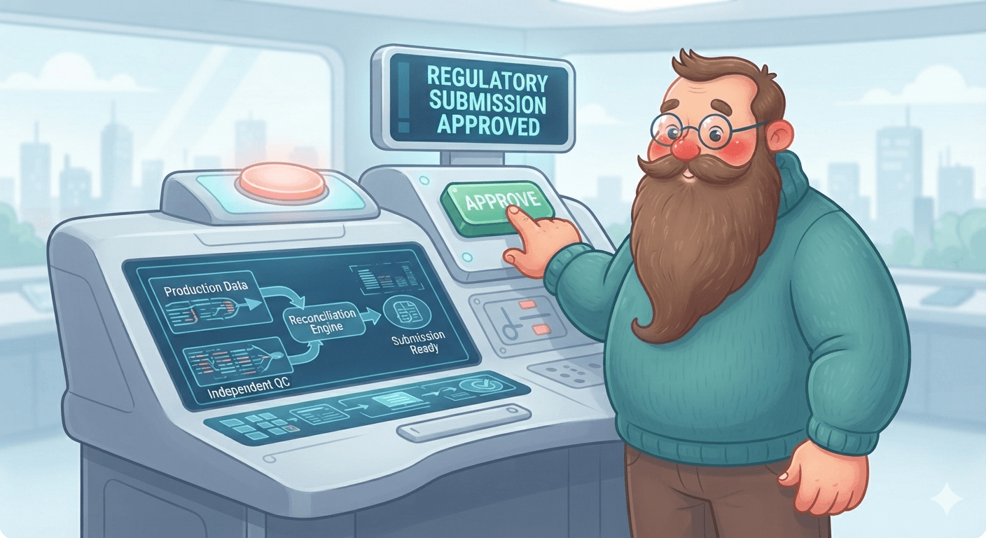 Illustration of a reviewer approving a submission after production data and independent QC results have been reconciled.